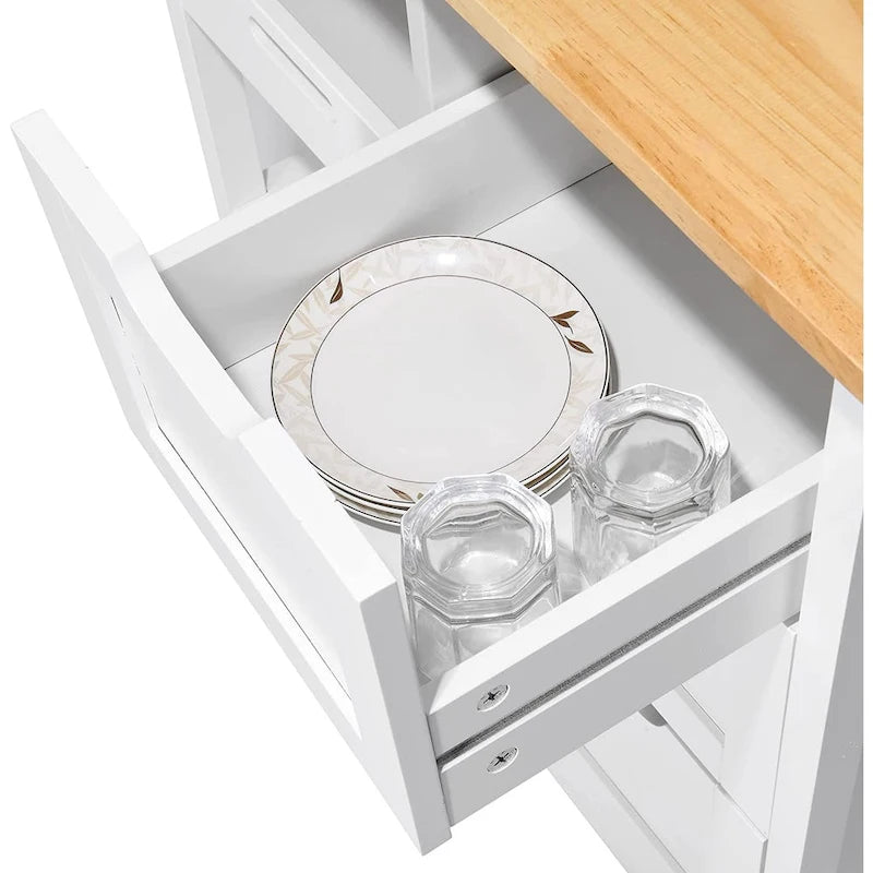 Solid Wood Top Kitchen Island Storage Cart with 3 Drawers Rolling Serving Trolley