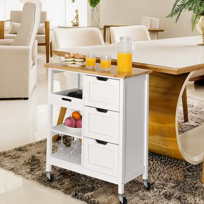 Solid Wood Top Kitchen Island Storage Cart with 3 Drawers Rolling Serving Trolley