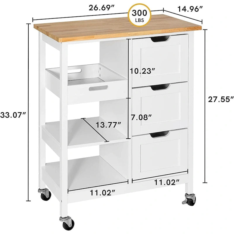Solid Wood Top Kitchen Island Storage Cart with 3 Drawers Rolling Serving Trolley