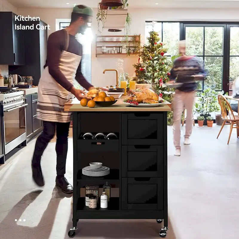 Solid Wood Top Kitchen Island Storage Cart with 3 Drawers Rolling Serving Trolley