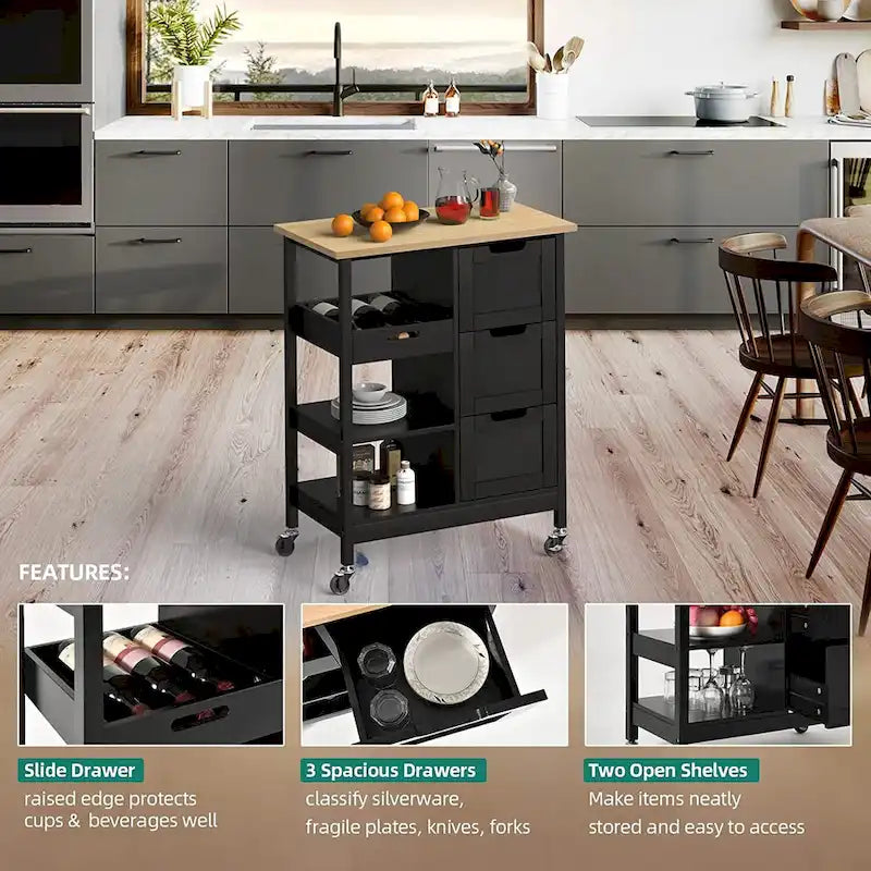 Solid Wood Top Kitchen Island Storage Cart with 3 Drawers Rolling Serving Trolley