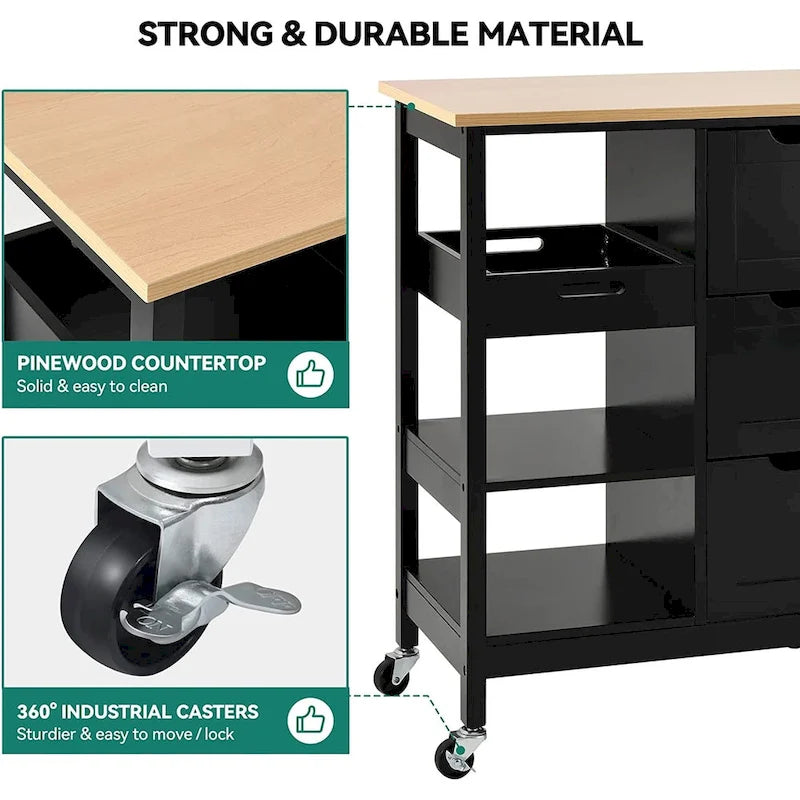 Solid Wood Top Kitchen Island Storage Cart with 3 Drawers Rolling Serving Trolley