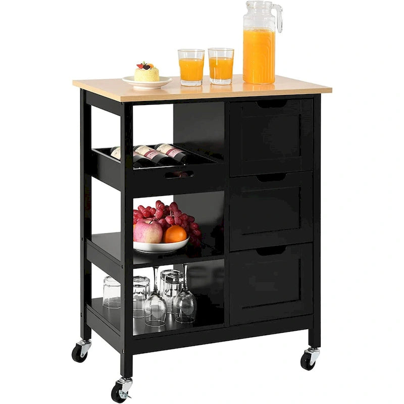 Solid Wood Top Kitchen Island Storage Cart with 3 Drawers Rolling Serving Trolley