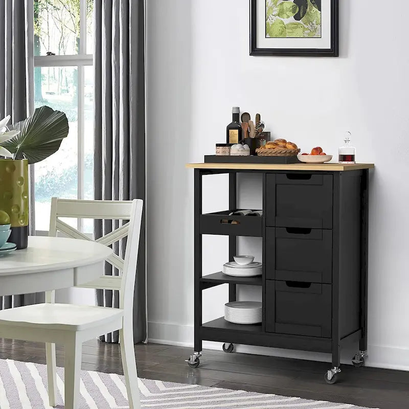 Solid Wood Top Kitchen Island Storage Cart with 3 Drawers Rolling Serving Trolley