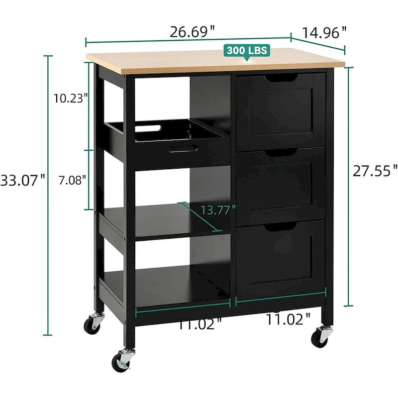 Solid Wood Top Kitchen Island Storage Cart with 3 Drawers Rolling Serving Trolley