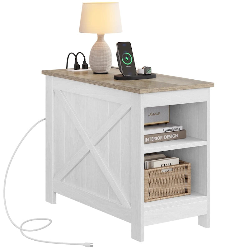 End Table with Charging Station, Side Table with Storage, 2 Power Outlets & 2 USB Ports for Living Room
