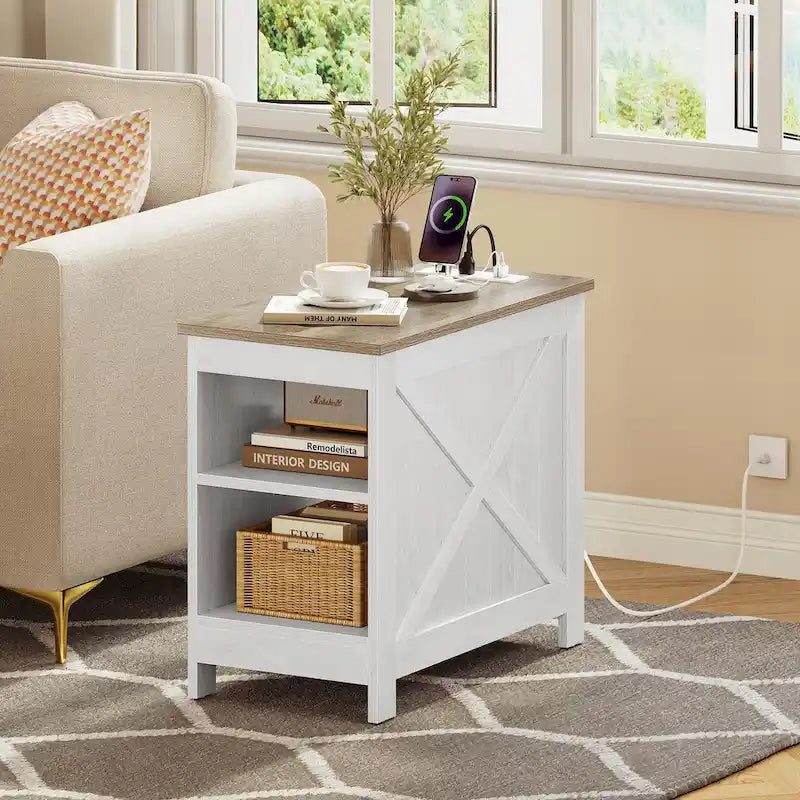 End Table with Charging Station, Side Table with Storage, 2 Power Outlets & 2 USB Ports for Living Room