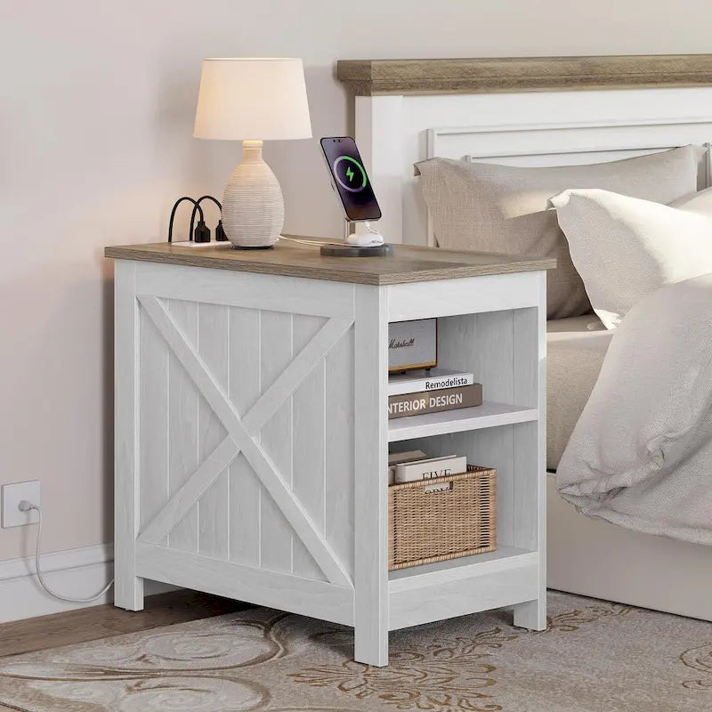 End Table with Charging Station, Side Table with Storage, 2 Power Outlets & 2 USB Ports for Living Room