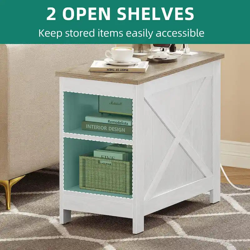 End Table with Charging Station, Side Table with Storage, 2 Power Outlets & 2 USB Ports for Living Room