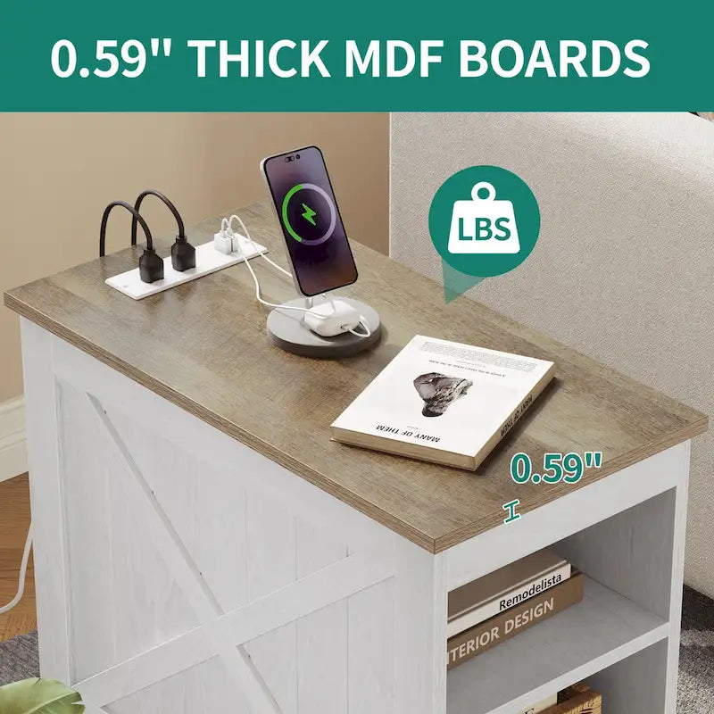 End Table with Charging Station, Side Table with Storage, 2 Power Outlets & 2 USB Ports for Living Room