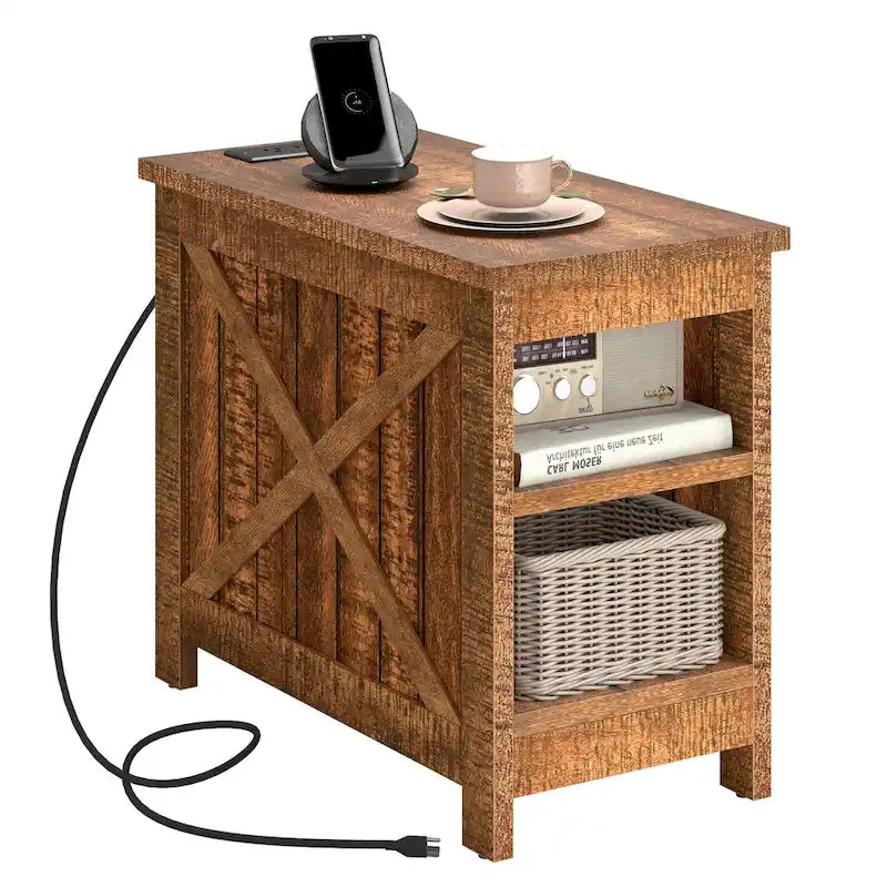 End Table with Charging Station, Side Table with Storage, 2 Power Outlets & 2 USB Ports for Living Room
