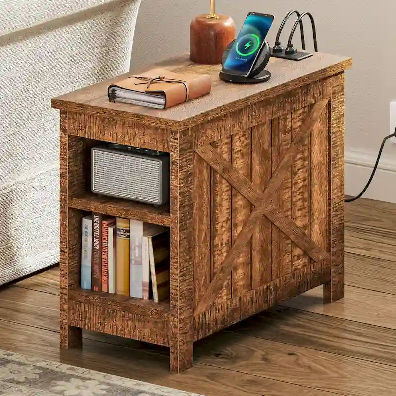 End Table with Charging Station, Side Table with Storage, 2 Power Outlets & 2 USB Ports for Living Room