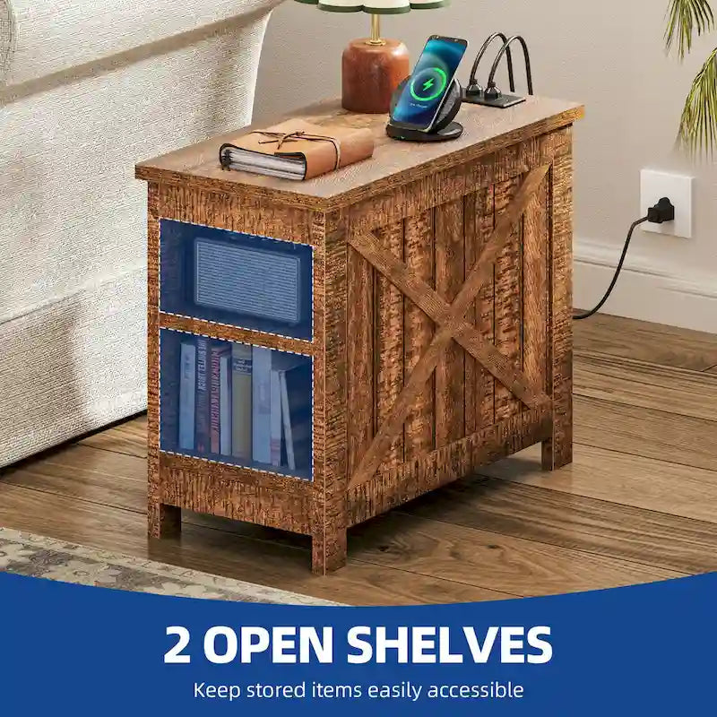 End Table with Charging Station, Side Table with Storage, 2 Power Outlets & 2 USB Ports for Living Room