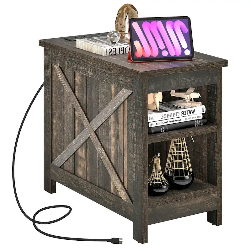 End Table with Charging Station, Side Table with Storage, 2 Power Outlets & 2 USB Ports for Living Room