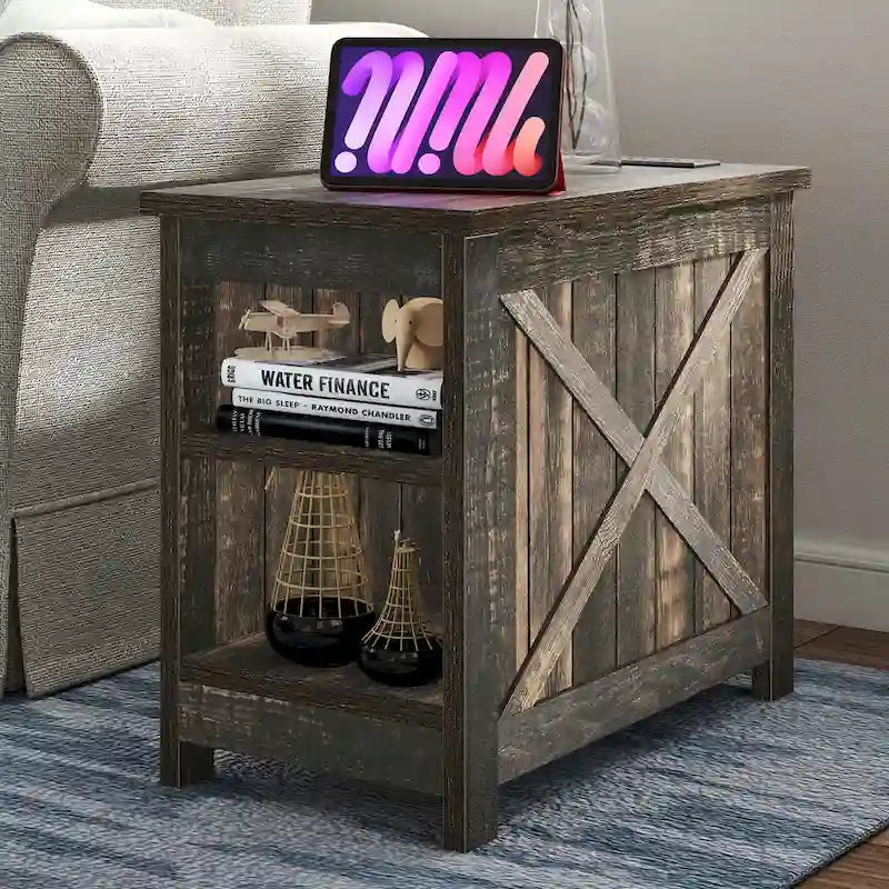 End Table with Charging Station, Side Table with Storage, 2 Power Outlets & 2 USB Ports for Living Room