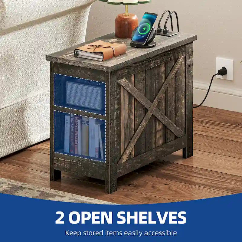 End Table with Charging Station, Side Table with Storage, 2 Power Outlets & 2 USB Ports for Living Room