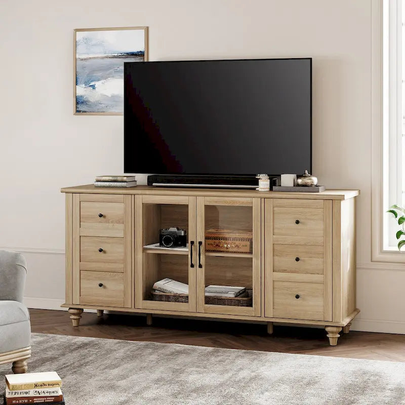 Glass Door Farmhouse TV Stand for TVs Up to 65 Inch, Wood TV Console Table