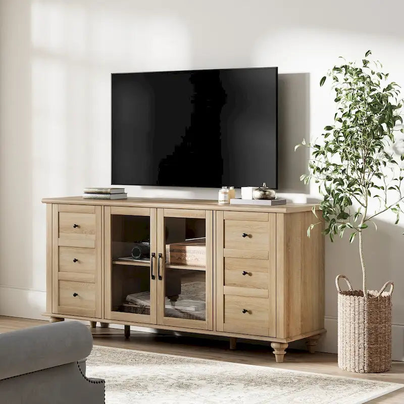 Glass Door Farmhouse TV Stand for TVs Up to 65 Inch, Wood TV Console Table