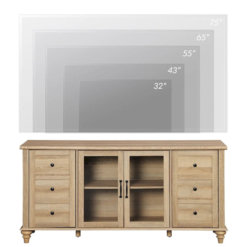 Glass Door Farmhouse TV Stand for TVs Up to 65 Inch, Wood TV Console Table