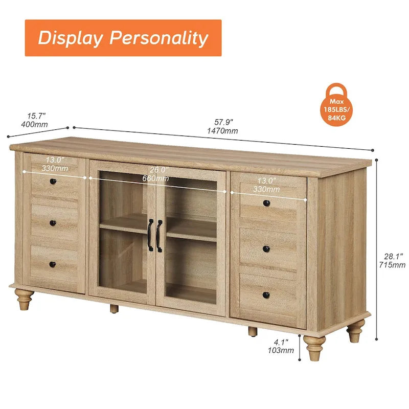 Glass Door Farmhouse TV Stand for TVs Up to 65 Inch, Wood TV Console Table