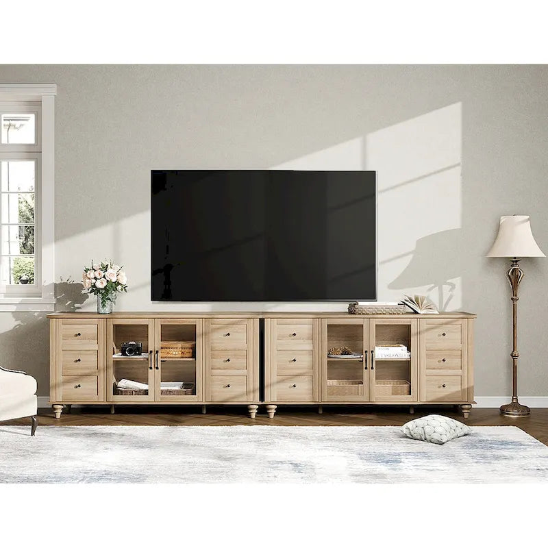 Glass Door Farmhouse TV Stand for TVs Up to 65 Inch, Wood TV Console Table