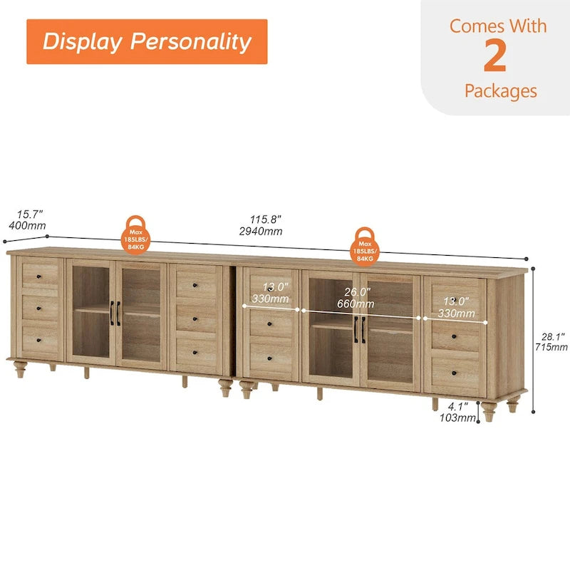 Glass Door Farmhouse TV Stand for TVs Up to 65 Inch, Wood TV Console Table