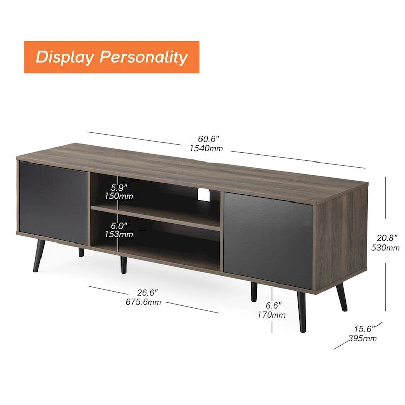 Mid Century Modern TV Stand 61.6 inch Black & Grey