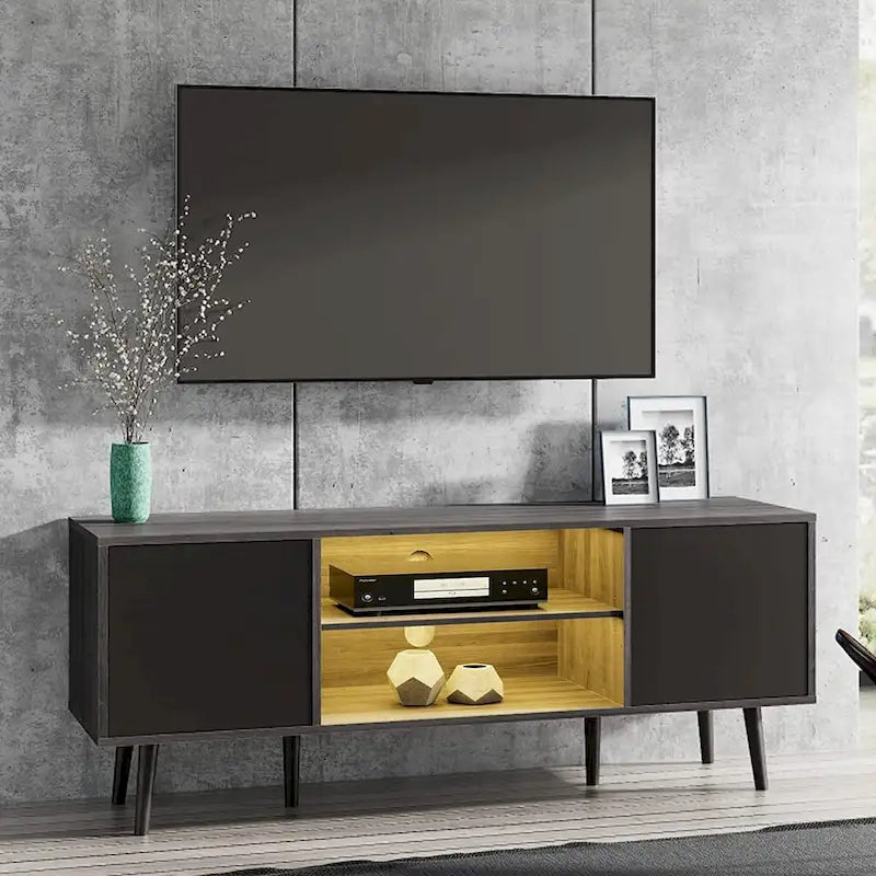 Mid Century Modern TV Stand 61.6 inch Black & Grey