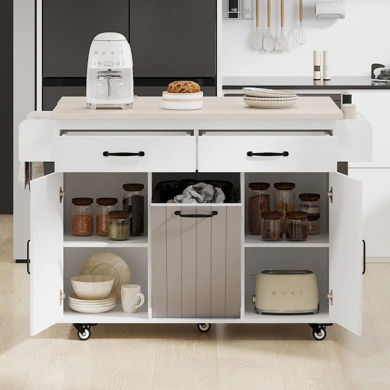 Kitchen Island with Trash Can & Drop Leaf