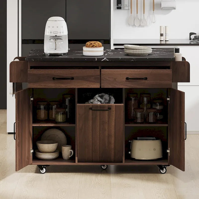Kitchen Island with Trash Can & Drop Leaf