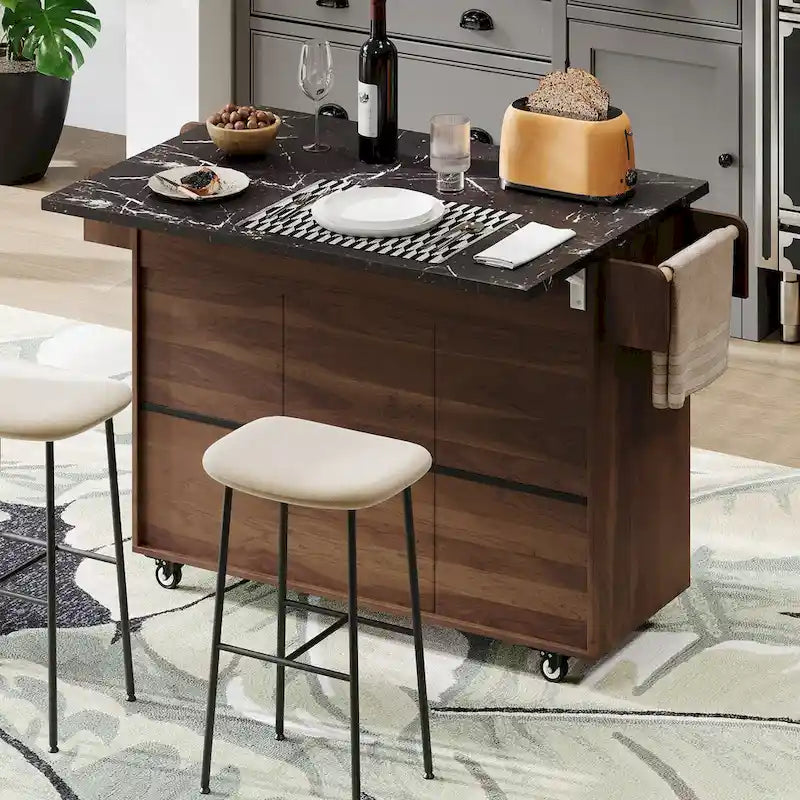 Kitchen Island with Trash Can & Drop Leaf
