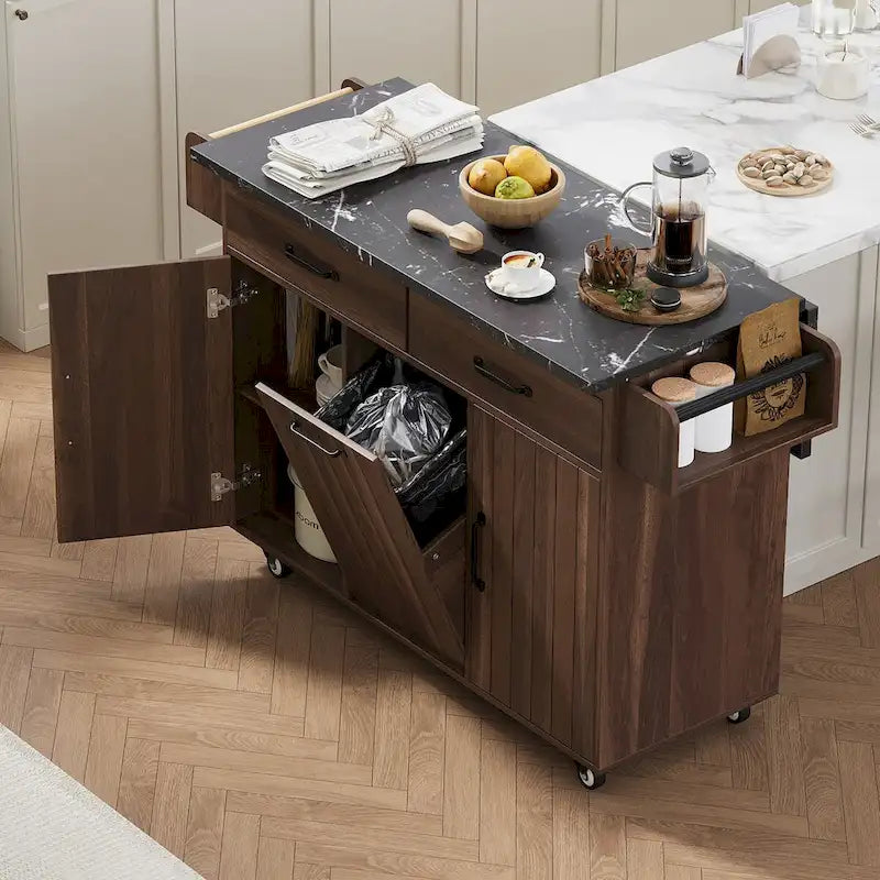 Kitchen Island with Trash Can & Drop Leaf