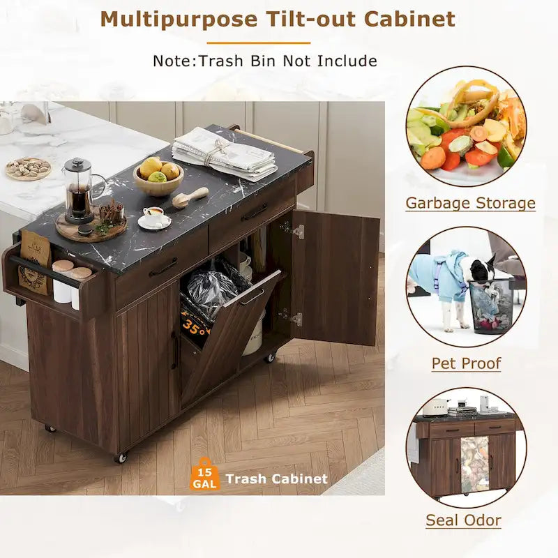 Kitchen Island with Trash Can & Drop Leaf