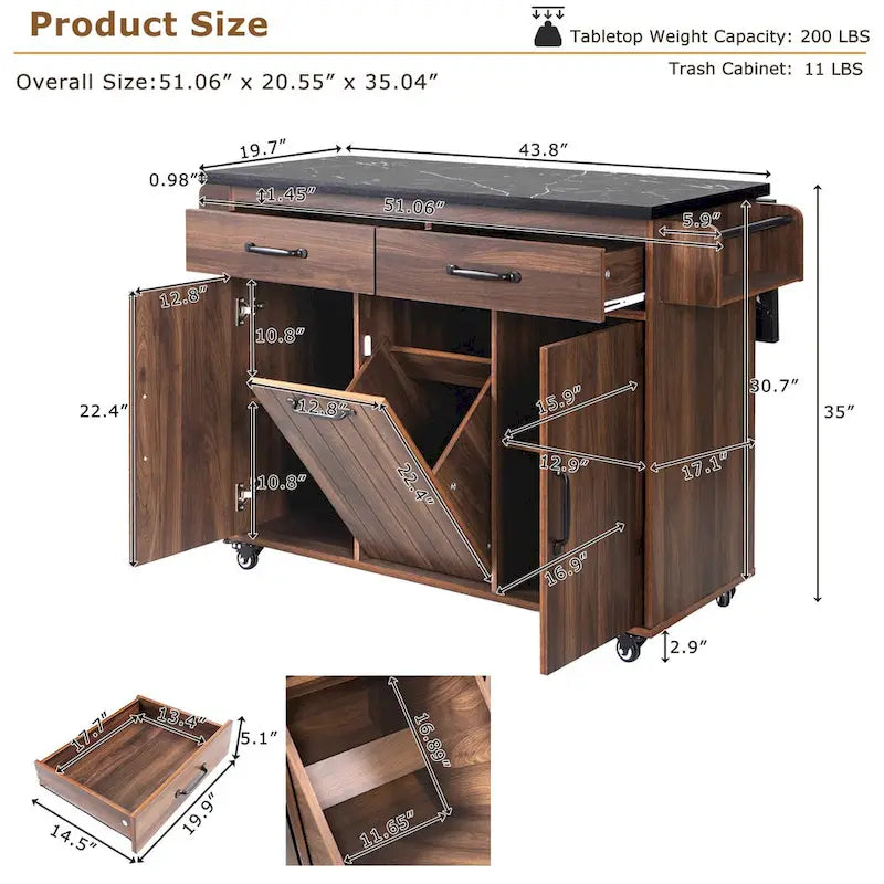 Kitchen Island with Trash Can & Drop Leaf