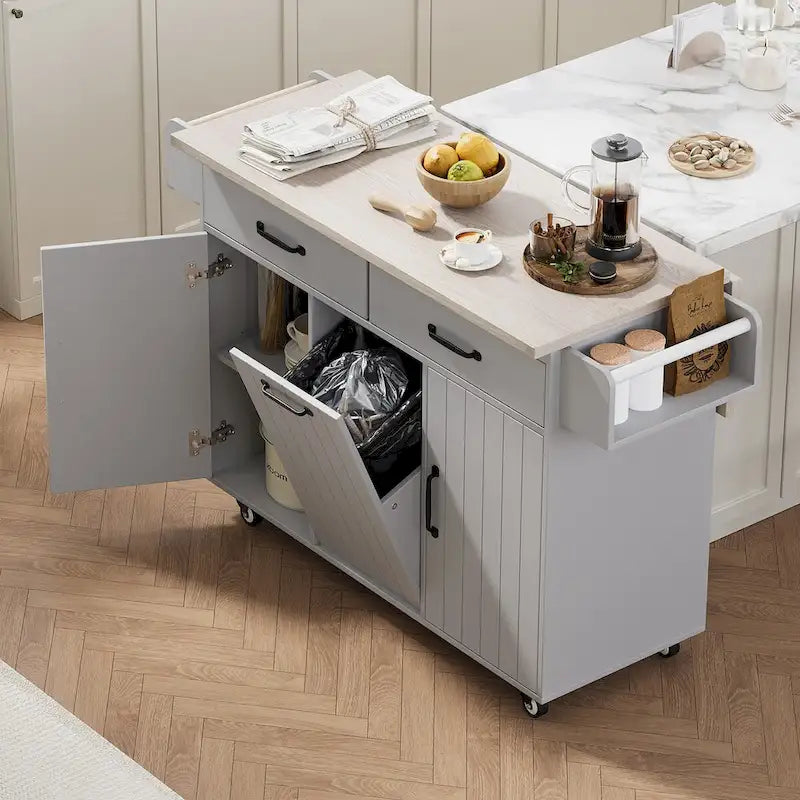 Kitchen Island with Trash Can & Drop Leaf