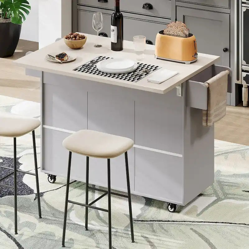 Kitchen Island with Trash Can & Drop Leaf