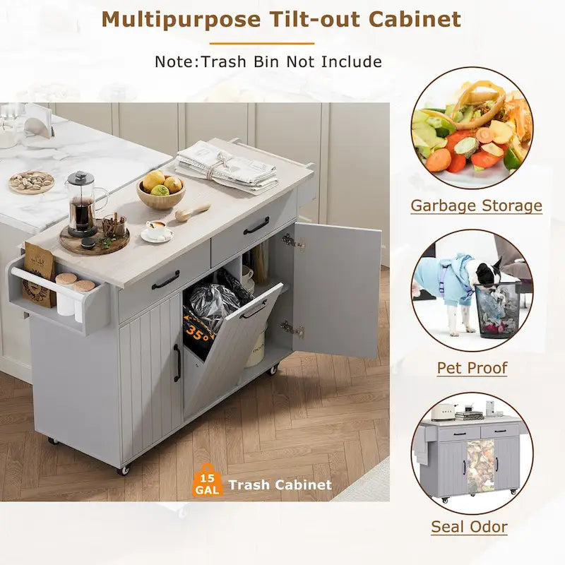 Kitchen Island with Trash Can & Drop Leaf