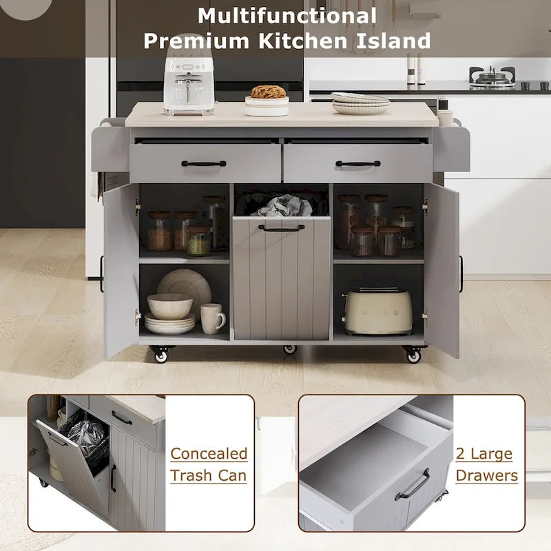 Kitchen Island with Trash Can & Drop Leaf