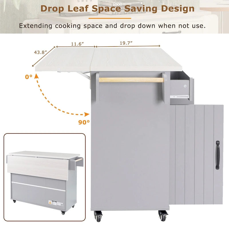 Kitchen Island with Trash Can & Drop Leaf