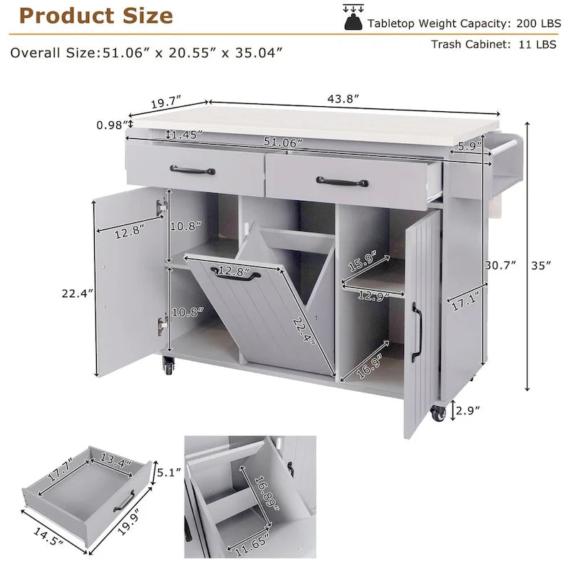 Kitchen Island with Trash Can & Drop Leaf