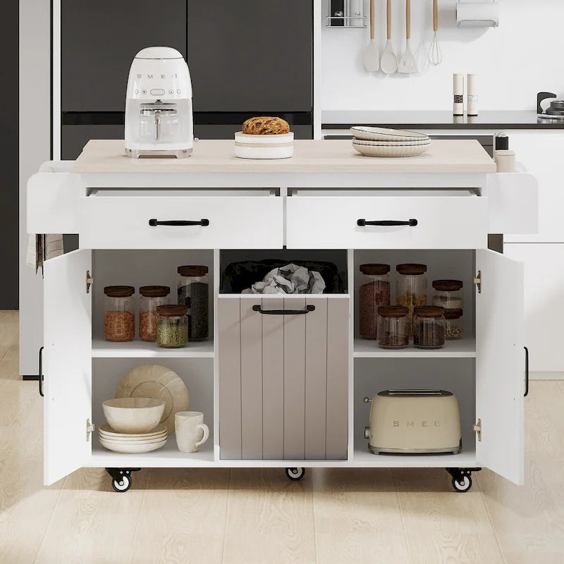 Kitchen Island with Trash Can & Drop Leaf
