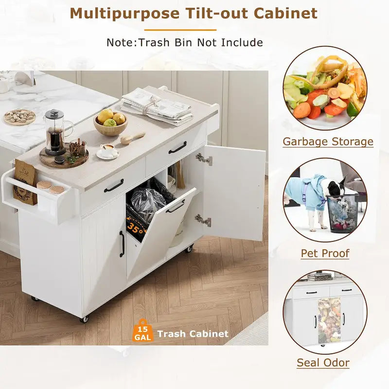 Kitchen Island with Trash Can & Drop Leaf