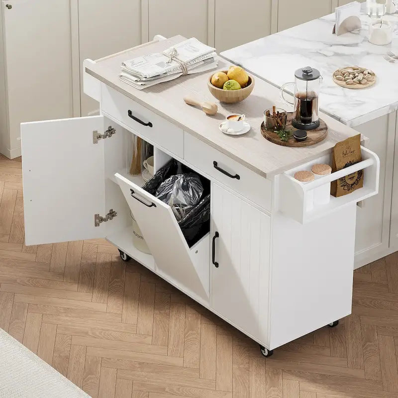 Kitchen Island with Trash Can & Drop Leaf