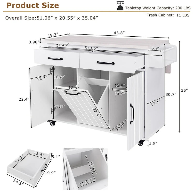 Kitchen Island with Trash Can & Drop Leaf