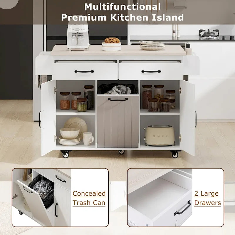 Kitchen Island with Trash Can & Drop Leaf