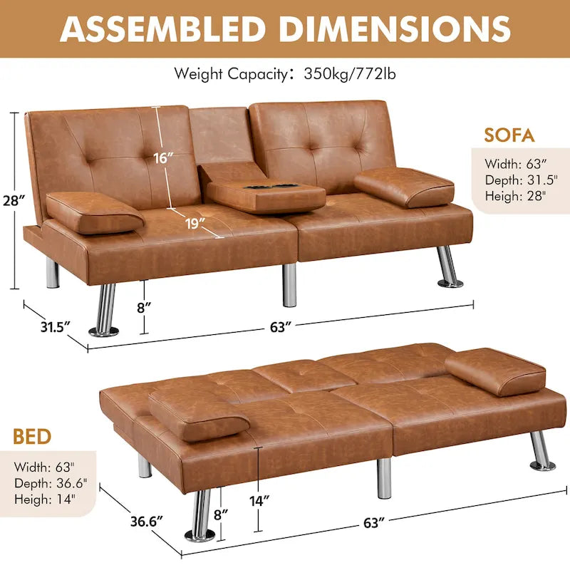 Faux Leather Convertible Futon Sofa Bed 3-in-1