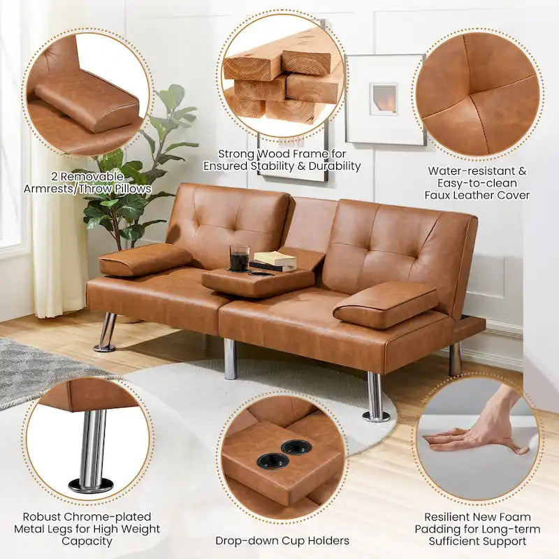Faux Leather Convertible Futon Sofa Bed 3-in-1