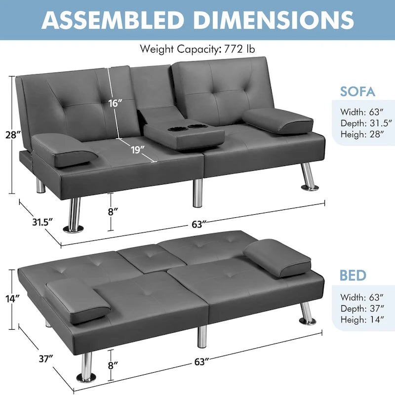 Faux Leather Convertible Futon Sofa Bed 3-in-1