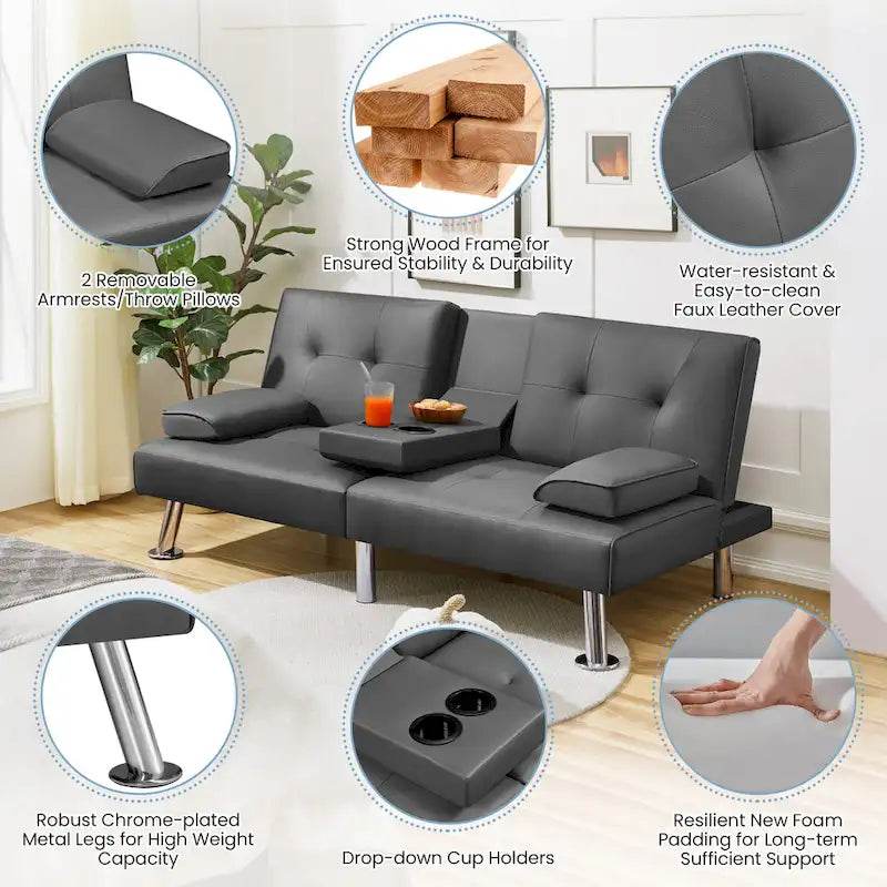 Faux Leather Convertible Futon Sofa Bed 3-in-1