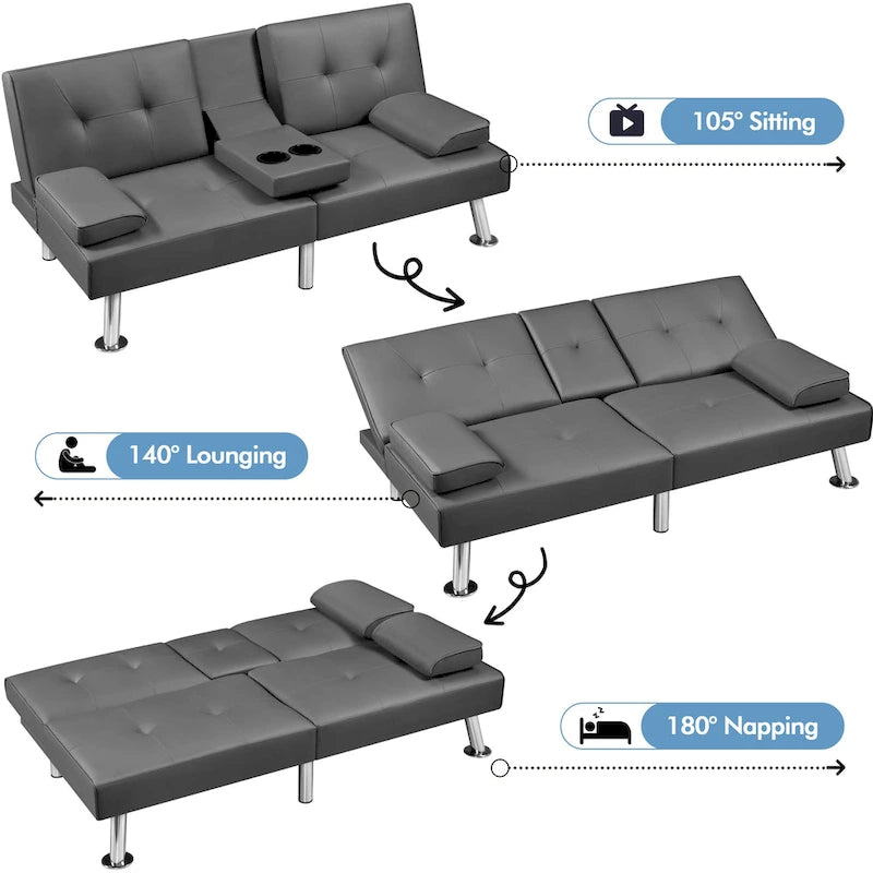 Faux Leather Convertible Futon Sofa Bed 3-in-1